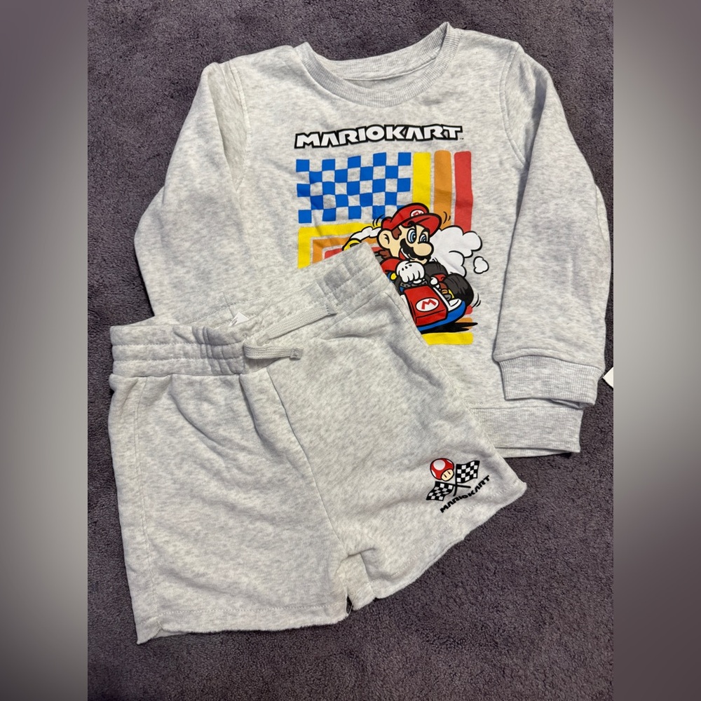 Kids 2pc Super Mario Crewneck Sweatshirt & Shorts Drawstring/Pockets 4T